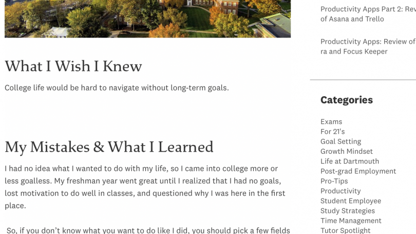 A screenshot of body text from the blog post titled, "What I Wish I Knew before Coming to Dartmouth, by a Dartmouth '23