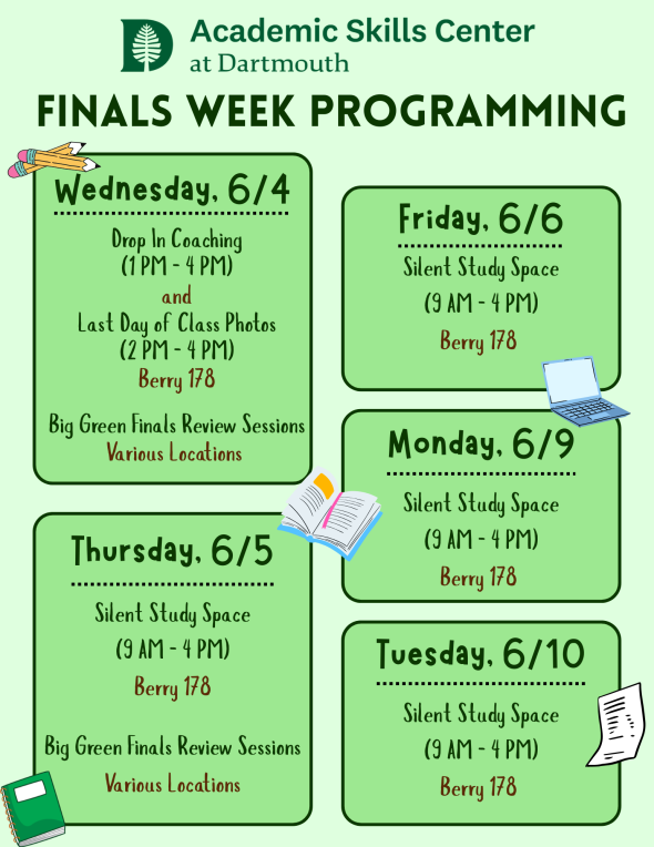 Finals Programming Calendar for the Academic Skills Center