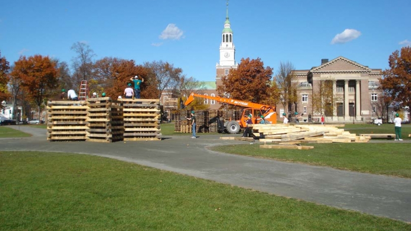 Construction of the Homecoming bonfire.