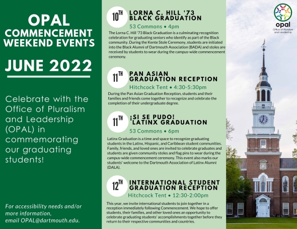 Listing of OPAL Commencement Weekend events with Baker Tower on the right