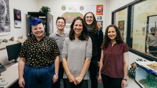 The Planetary Surfaces Computing Lab. Back row, from left: Melanie Kanine '20 and Audrey Putnam, Guarini '20. Front row:  Torie Roseborough, Guarini '23, Assistant Professor Maria Palucis, and post-doctoral researcher Frances Rivera-Hernandez.
