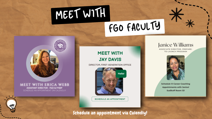 A flyer broadcasting the Calendly's of FGO faculty members.