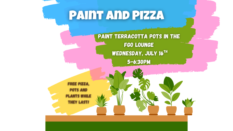 A colorful flyer broadcasting an event with paint, pizza, and plants. 