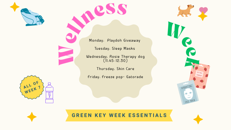 A colorful flyer broadcasting the FGO's wellness week. 