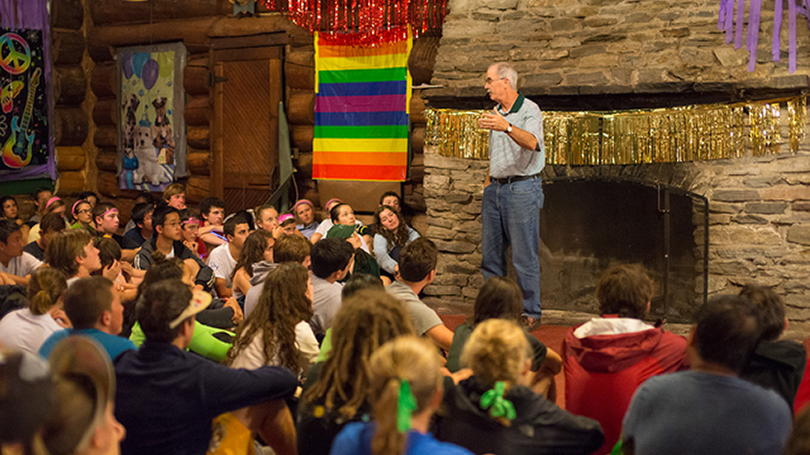 President Hanlon speaks to students during an LGBTIA+ event.