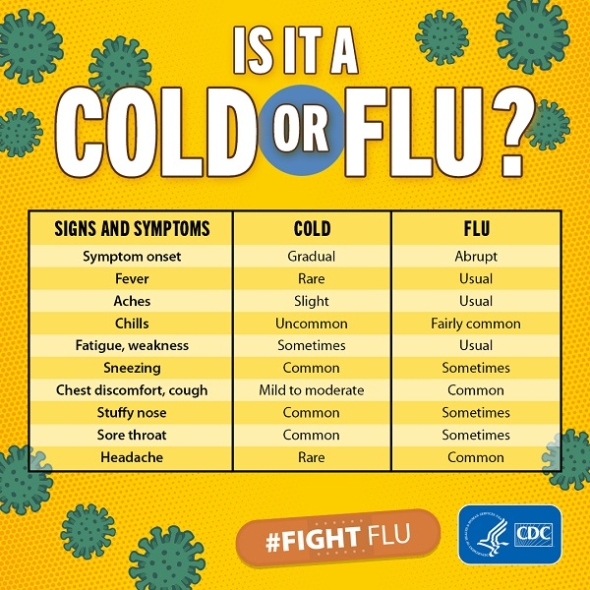A table from the CDC comparing attributes of the flu to a cold