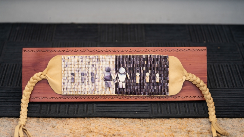 The wampum belt that the Mohegan Tribe presented to President Philip J. Hanlon '77 on April 27, 2022 as Dartmouth repatriated Samson Occom's papers to his Mohegan homeland.