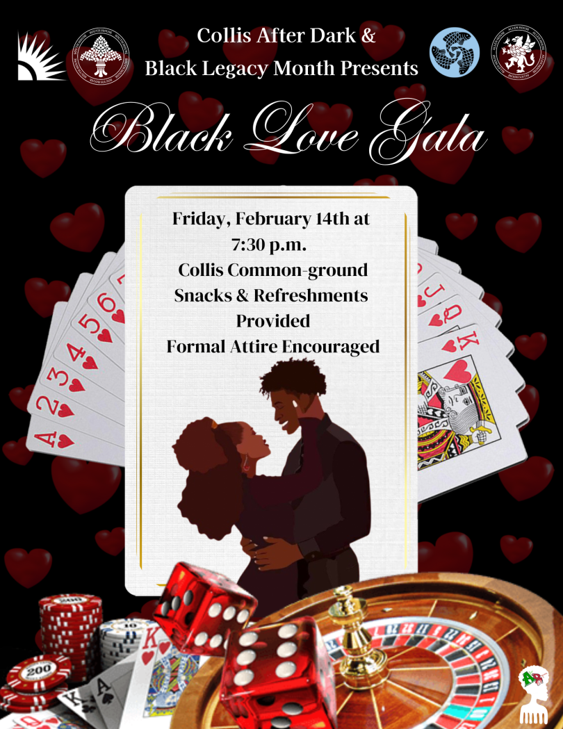 Flyer highlighting a gala event with a couple and casino theme featuring roulette, poker chips and a black, red, and white color scheme.