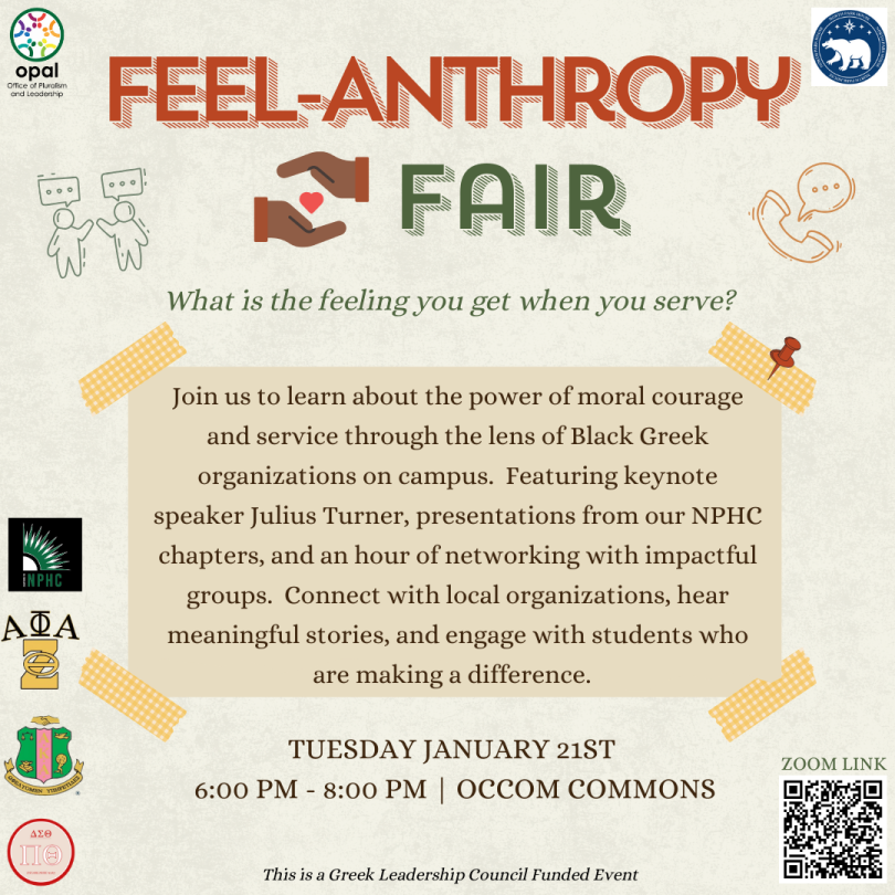 Flyer promoting the first ever FEEL-anthropy Fair in collab with the National PanHellenic Coucil, aligned with MLK Day 2025