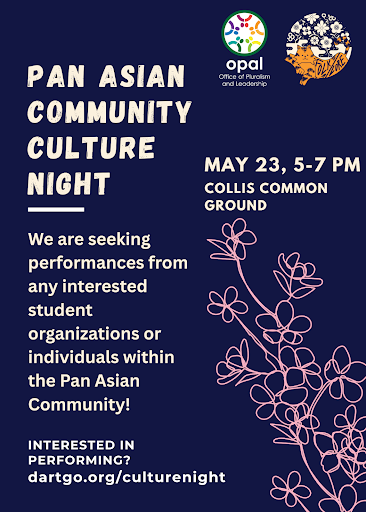 Navy blue flyer with pink floral background with written "Pan Asian Community Culture Night" written on the left side on May 23rd 5-7pm in Collis Common Ground