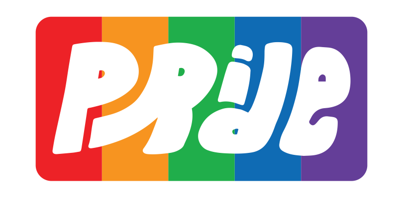 pride logo for 2025 in white with rainbow background