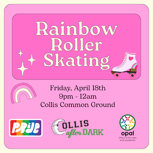 Rainbow with Collis After Dark and Pride 2025 pink background with rollerskates 