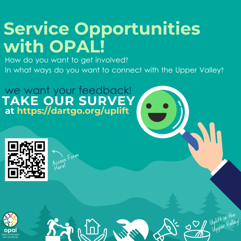 Flyer promoting an open survey to share service and volunteering experiences and desires on Dartmouth College's Campus