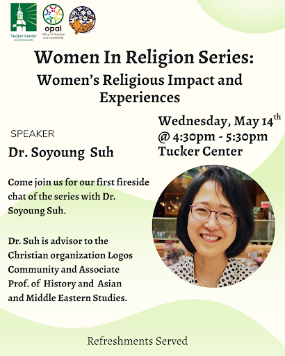 Beige flyer with green accents featuring Professor Dr. Soyoung Suh for Women in Religion series on May 14th 