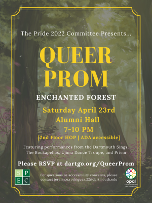 Queer Prom flyer. Words on top of faded background of tall trees and pink flowers.