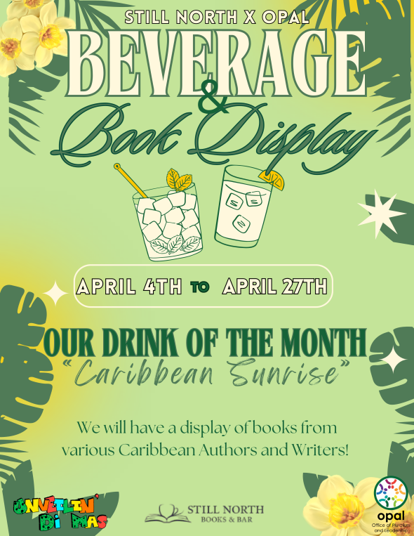 Beverage & Book Display with Still North (green background with beverage cups)