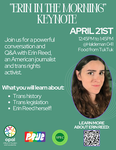 Erin In The Morning, journalist and advocate will be having lunch with students, teal background and white writing 