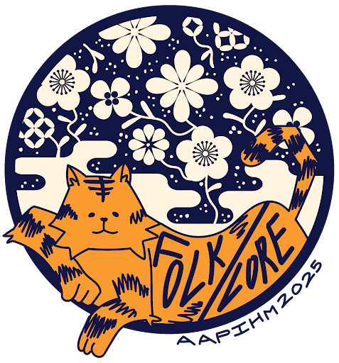 AAPIHM 2025 Logo featuring a tiger with FOLK/LORE written as stripes and tan flowers on a navy blue circle in the background