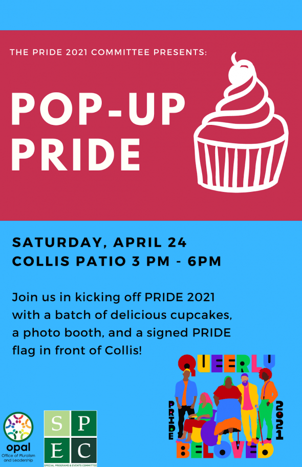 Flyer for Pride 21 Pop-Up Pride.  a red and blue background with a white line drawing of a cupcake.