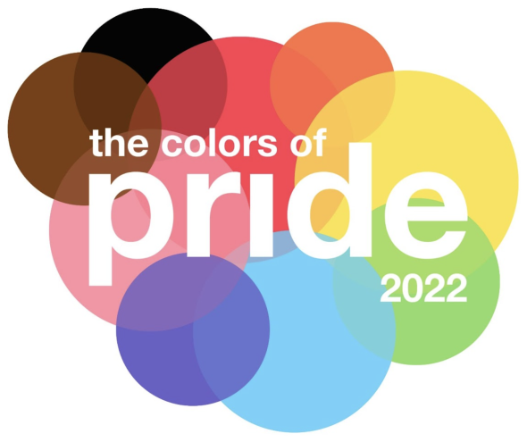 Nine differently colored circles converging behind the words The Colors of Pride 2022. The colors are taken from the inclusive Pride flag.