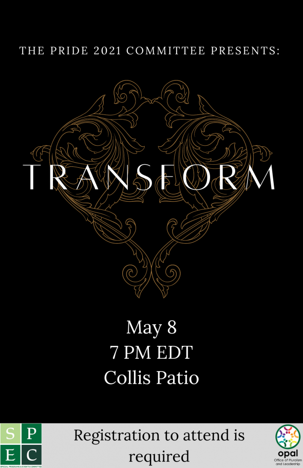 Flyer for Pride 2021 Transform. White text on a black background with a gold design.