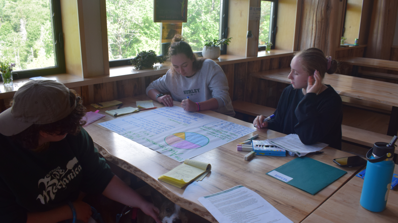 Three students sitting at a table working on their projects.