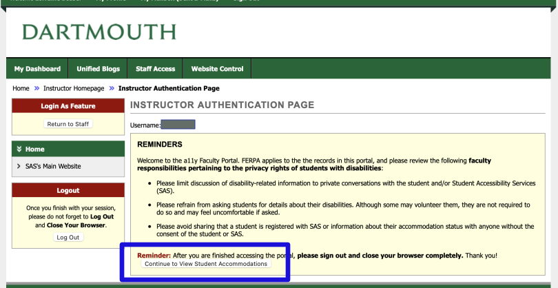 Screenshot showing the "Continue to View Student Accommodations" button at the bottom of a light yellow "REMINDERS" box.