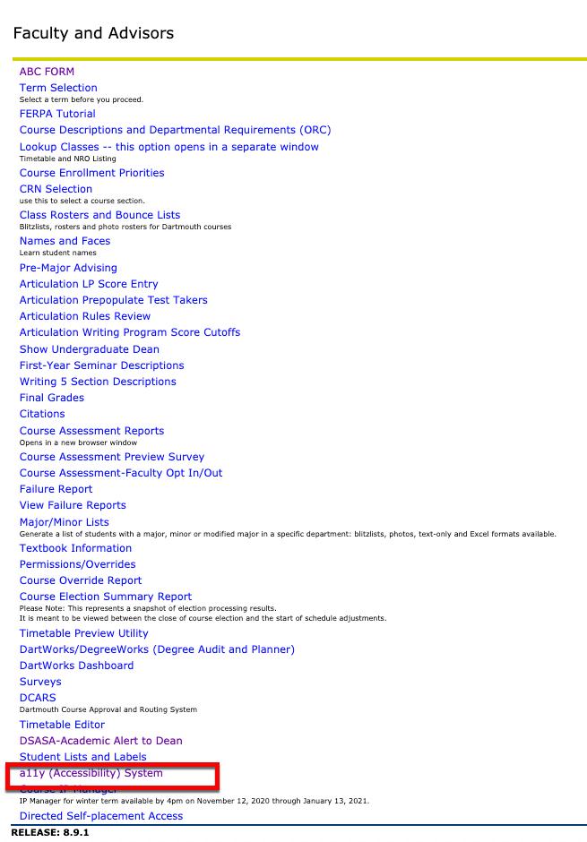 a screenshot of the faculty DartHub portal, showing where the a11y link is in the list