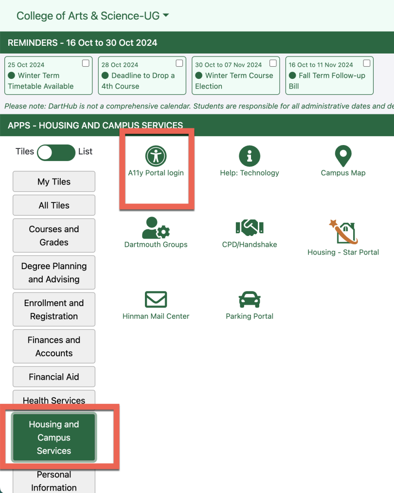 Screenshot showing the A11y tile in DartHub