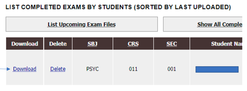 image shows a sample of a link to download student exams in A11y