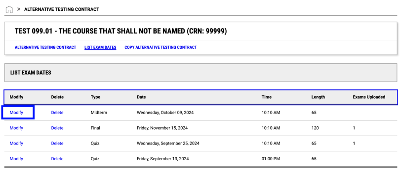 screehshot highlighting the modify button on in the "list exam dates" box