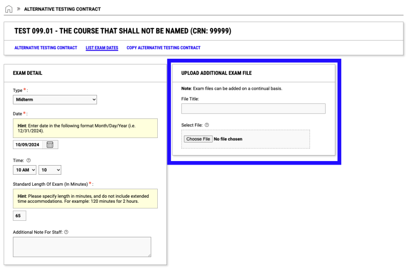 screenshot highlighting the "Upload Additional Exam File" box and the fields within it