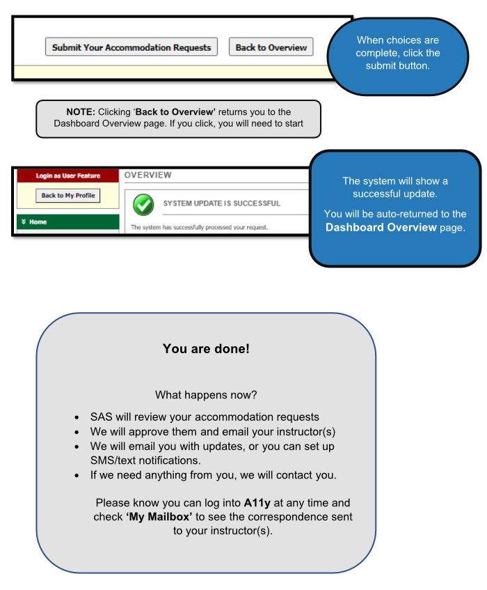 When choices are complete, click the "Submit Your Accommodation Requests" button. The system will show a "System Update is Successful" message on the screen. SAS will review your requests, approve them and email them to your instructors.