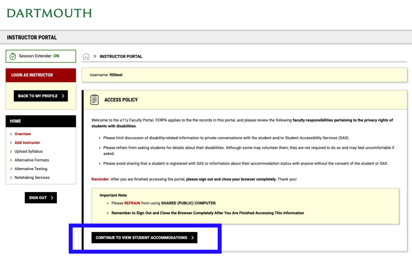 Screenshot highlighting the "Continue to view student accommodations" button to proceed