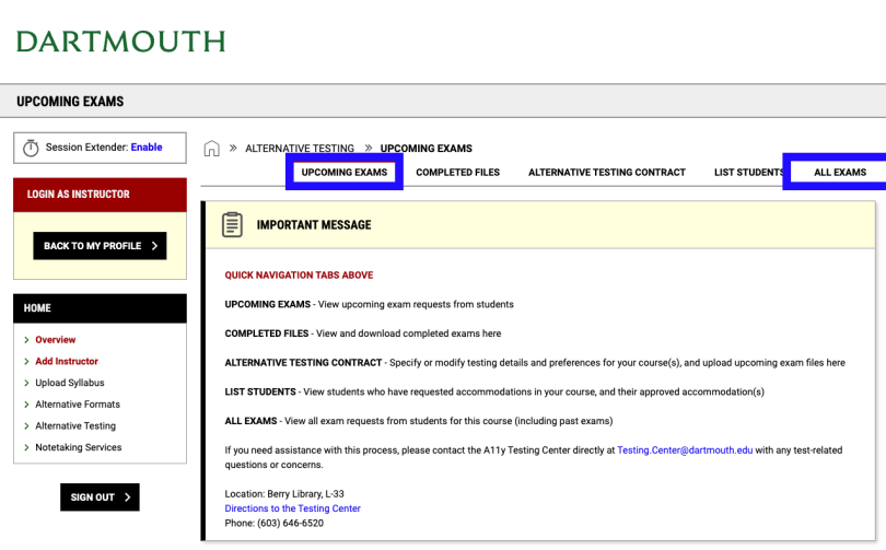Screenshot showing where to click to view upcoming exams, and all exams requested by students in the class (including past exams)