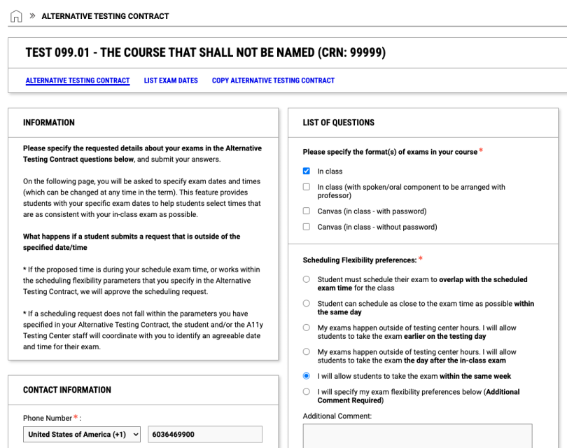 screenshot of some of the questions in the Alternative Testing Contract