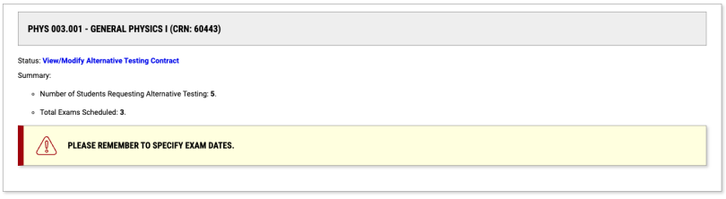 sample of how the link to View/Modify the Alternative Testing Contract appears on the Alternative Testing Contract page.