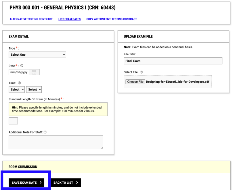 screenshot highlighting the location of the "save exam date" button at the bottom of the page, in the form submission box