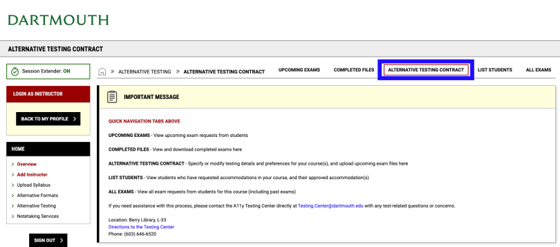 Screenshot showing the location of the Alternative Testing Contract tab near the top right of the page