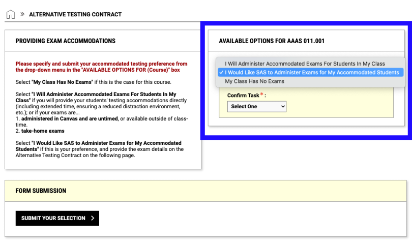 Screenshot showing the available exam options