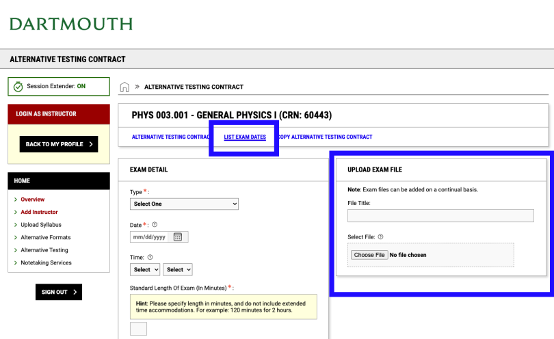 screenshot highlighting the link to list exam dates and the box to upload exams in
