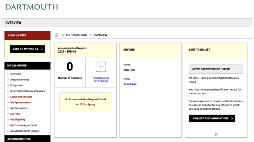 screenshot of the A11y dashboard for students, including the blue "Add Requests.." link in the Accommodation Requests box 