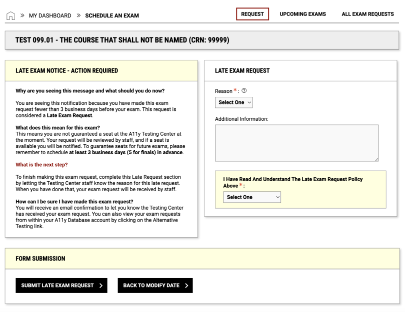 screenshot of the late exam notice and request page