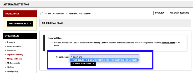 screenshot highlighting a course being selected from the "Select Course" drop-down menu