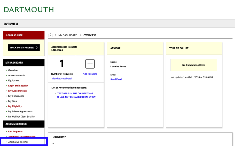 Screenshot of the Ally student overview page highlighting where the Alternative Testing link is on the page