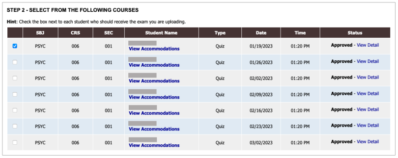Screenshot showing step 2 - clicking the checkbox next to each student who will be taking an exam