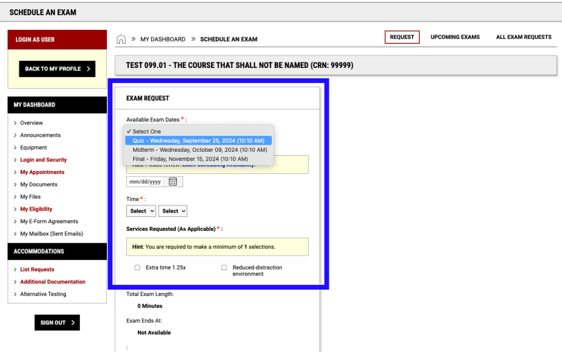 screenshot highlighting the Exam Request box, where exam scheduling details get entered