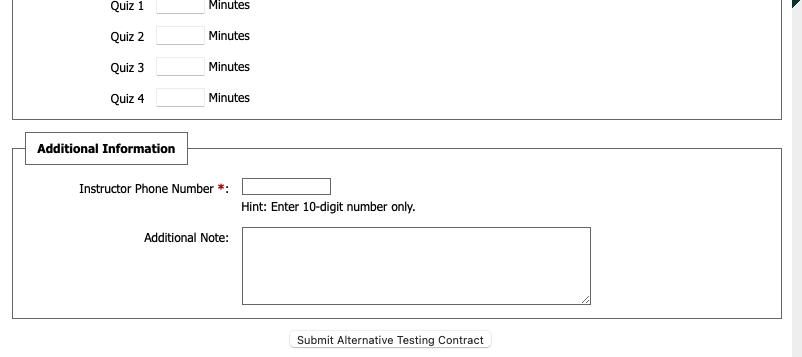 Screenshot showing the last couple of questions of the contract, and the "Submit Alternative Testing Contract" button