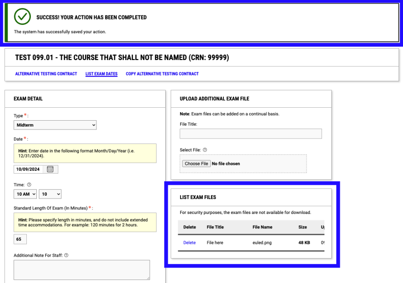 screenshot highlighting the success message at the top of the screenshot, and the box where file uploads appear