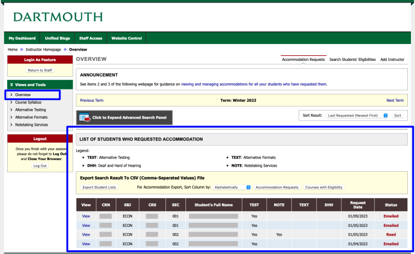 screenshot of the page displaying a table with requested accommodation information